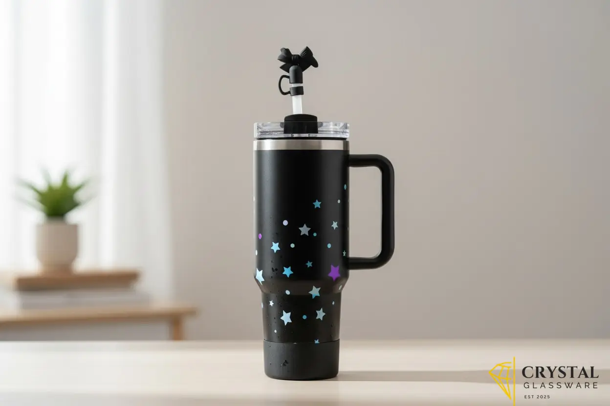 Insulated stainless steel travel tumbler features a matching straw topper and a convenient side handle — Crystal Glassware Pakistan